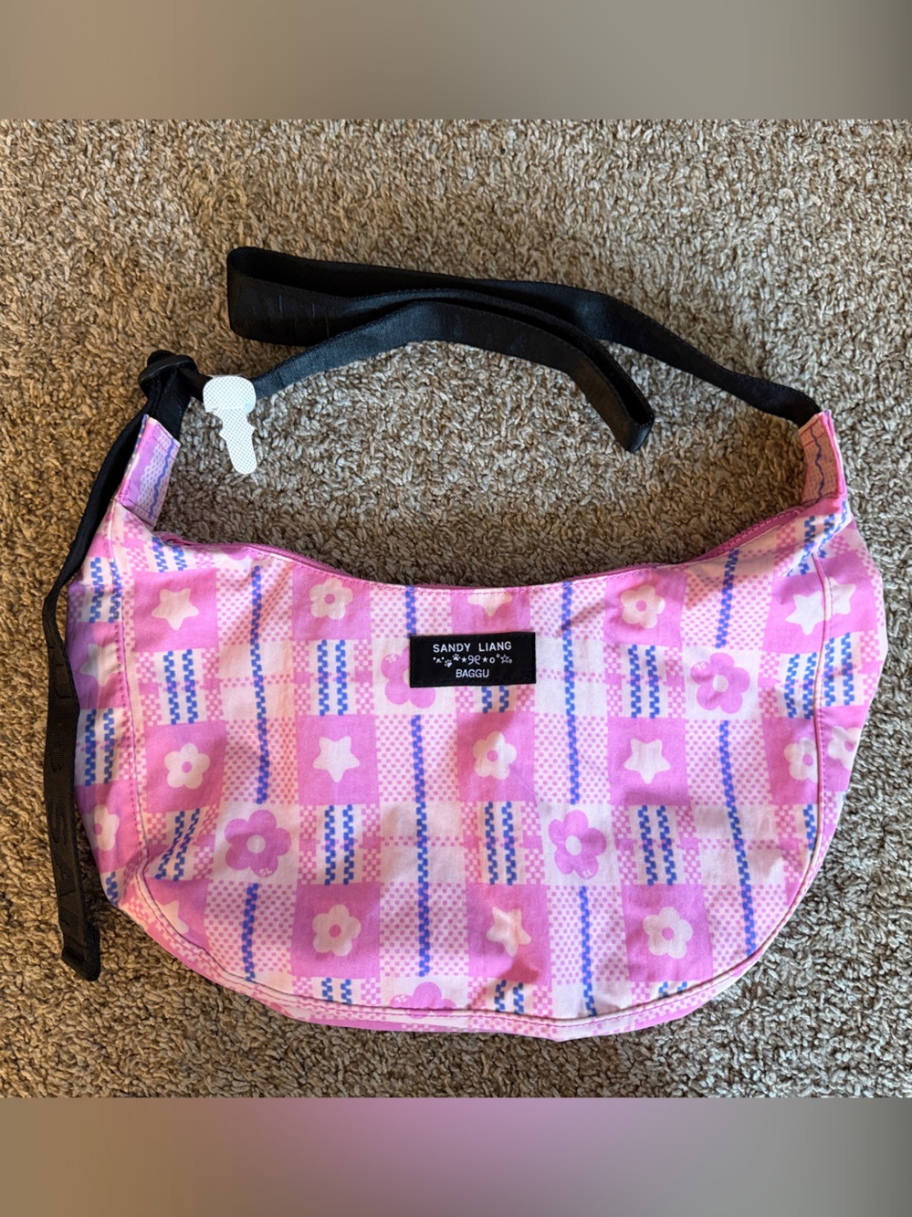 NWT BAGGU Sandy Liang Pink Floral & Star Pattern Medium Crescent Bag